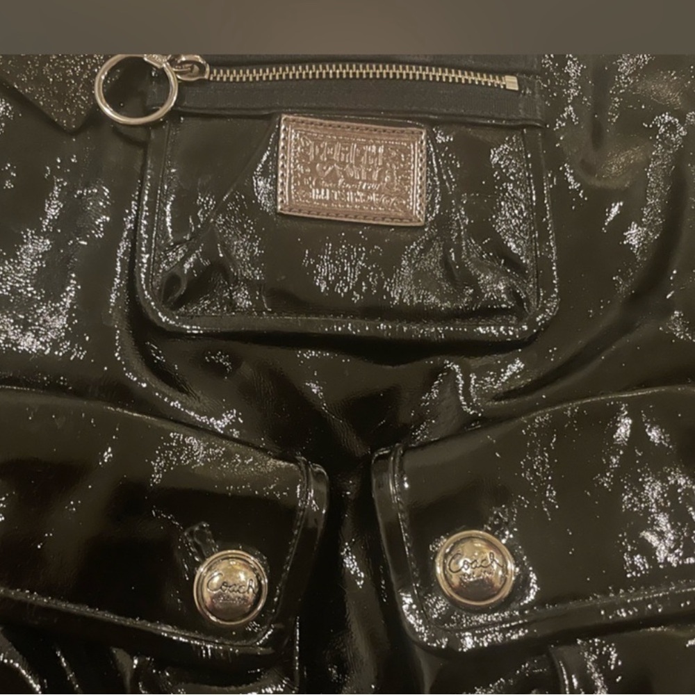AUTH COACH POPPY GLOSSY CRINKLE PATENT LEATHER SATCHEL BAG PURSE 13869 BLACK - Picture 4 of 11